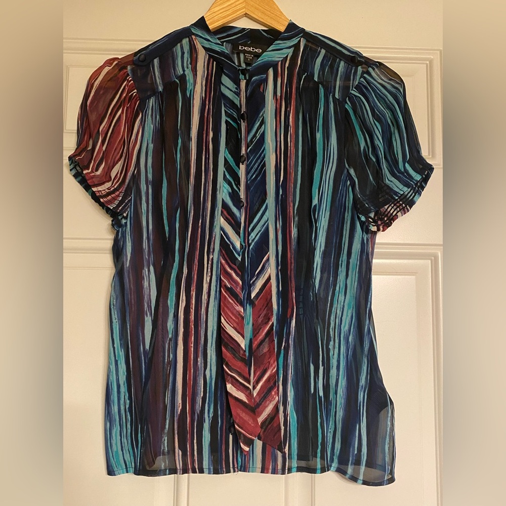 Bebe Blue and Red Ruffled Short Sleeve Blouse
